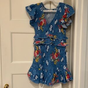Love Shack Fancy blue floral ruched mini dress